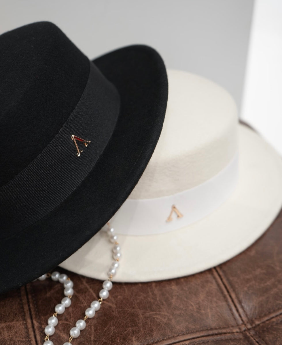 Blue Boater Hat 100% Wool And Removable Pearl And Gold Chain niche-collection-neutral-and-  main image 4