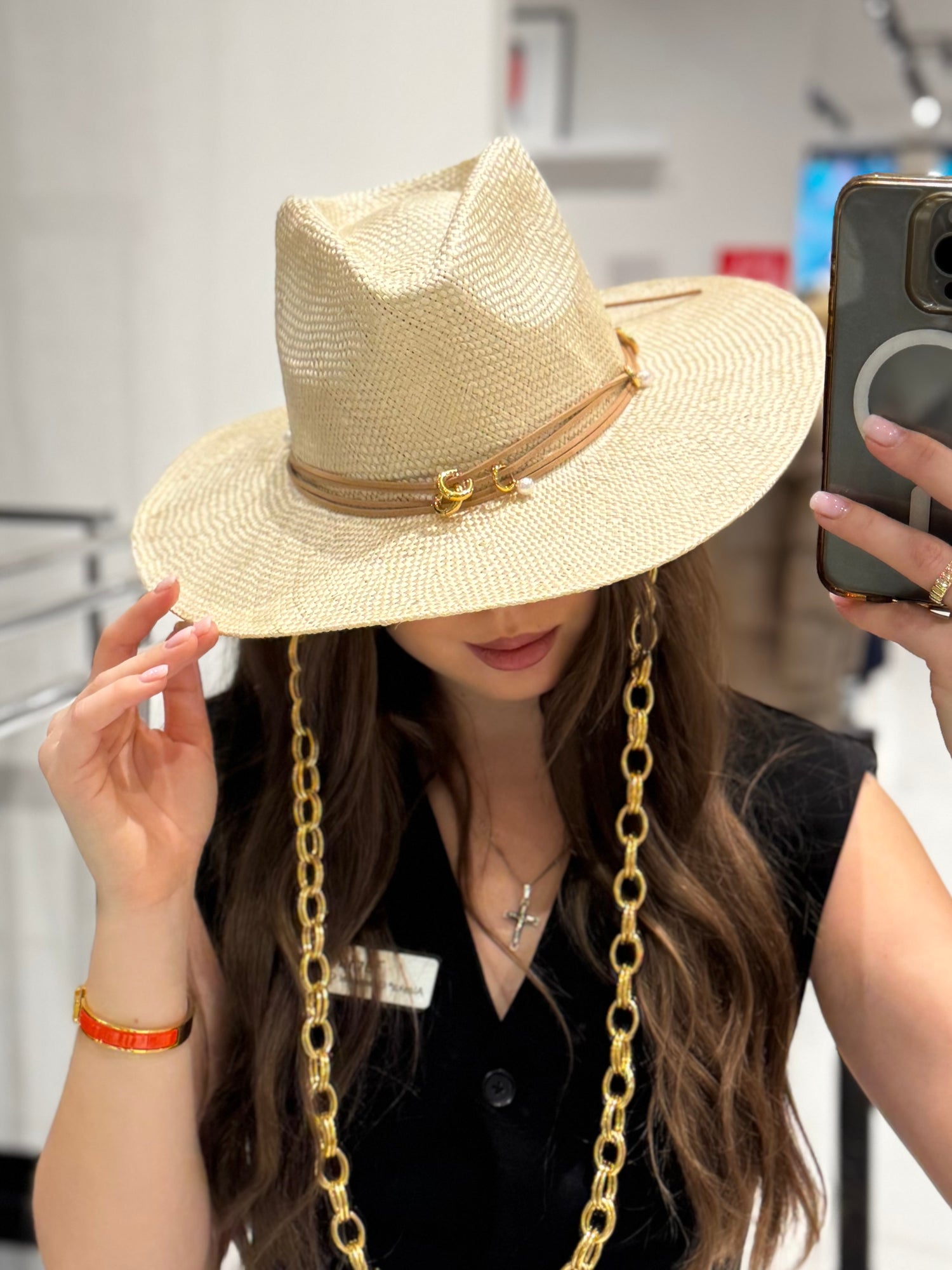 Straw Fedora Hat with Gold Chain in Natural Beige