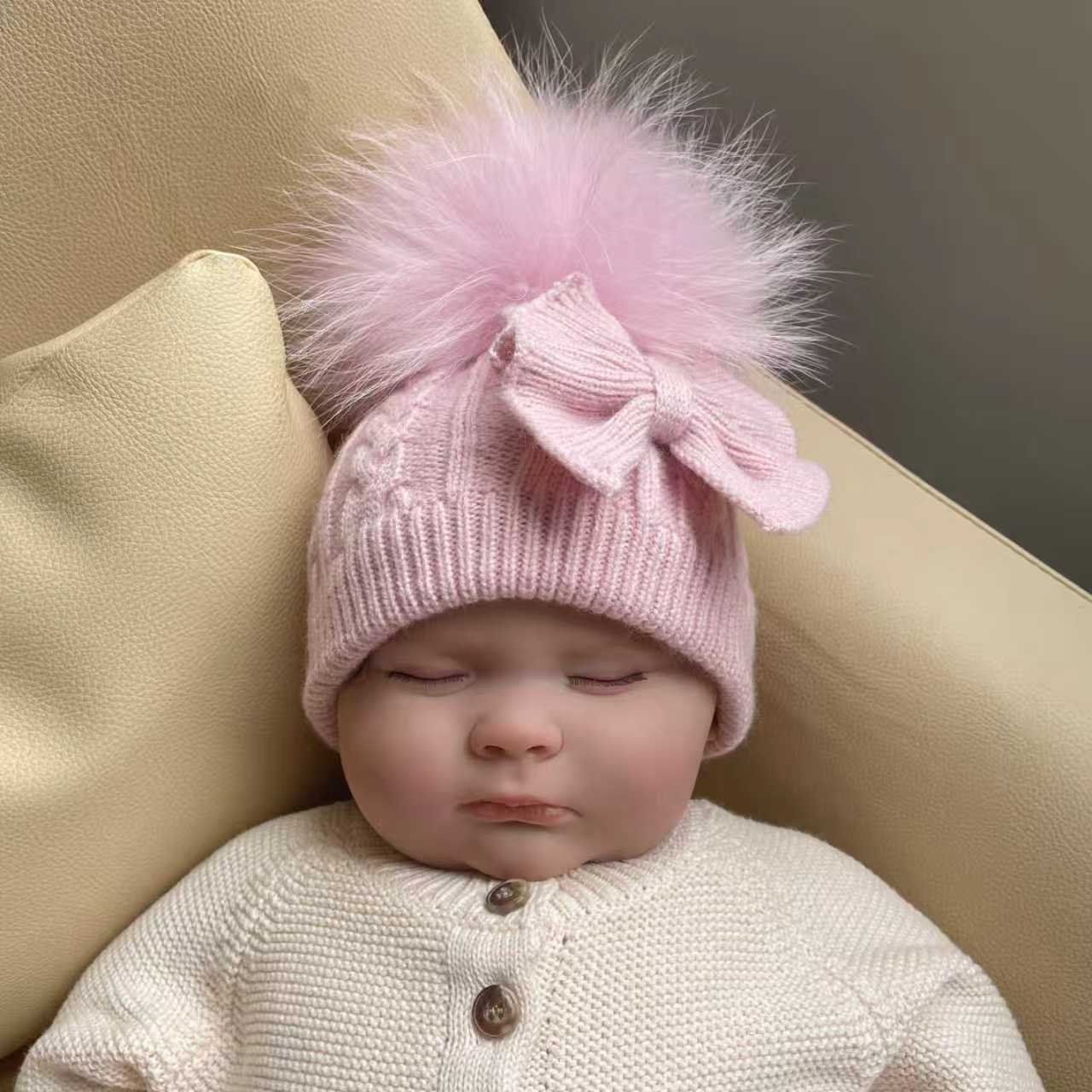 Baby Angora Blend Knit Hat (0–12M) with Genuine Fur Pom