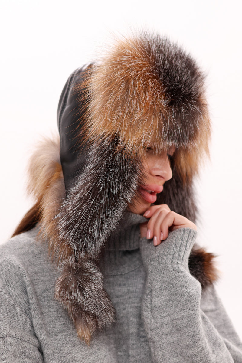 Genuine Fur Hat Faux Fur Hat w/ Real Brown Fox Fur Trim - furoutlet main image 2