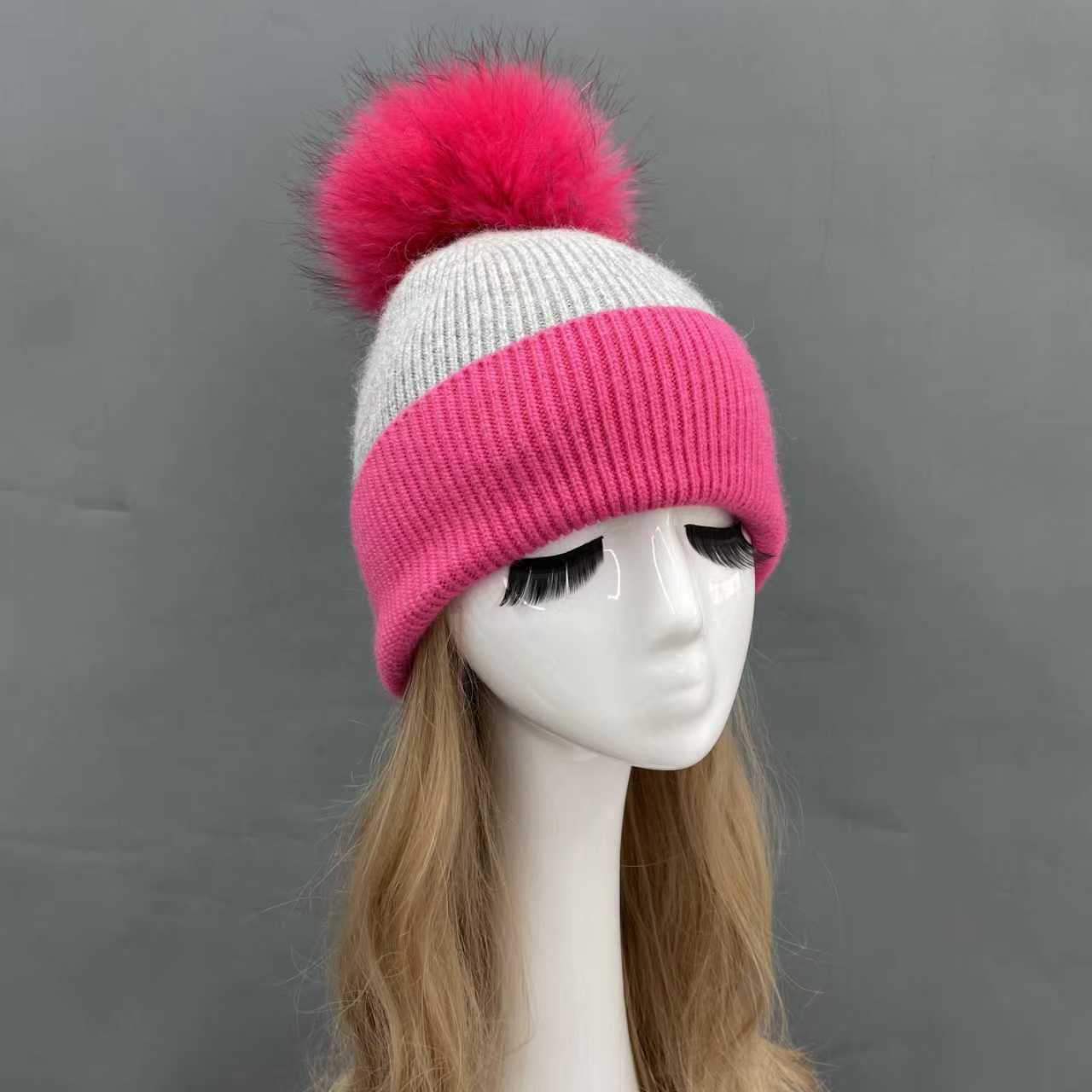 Color Block Angora Hat with Fur Pom