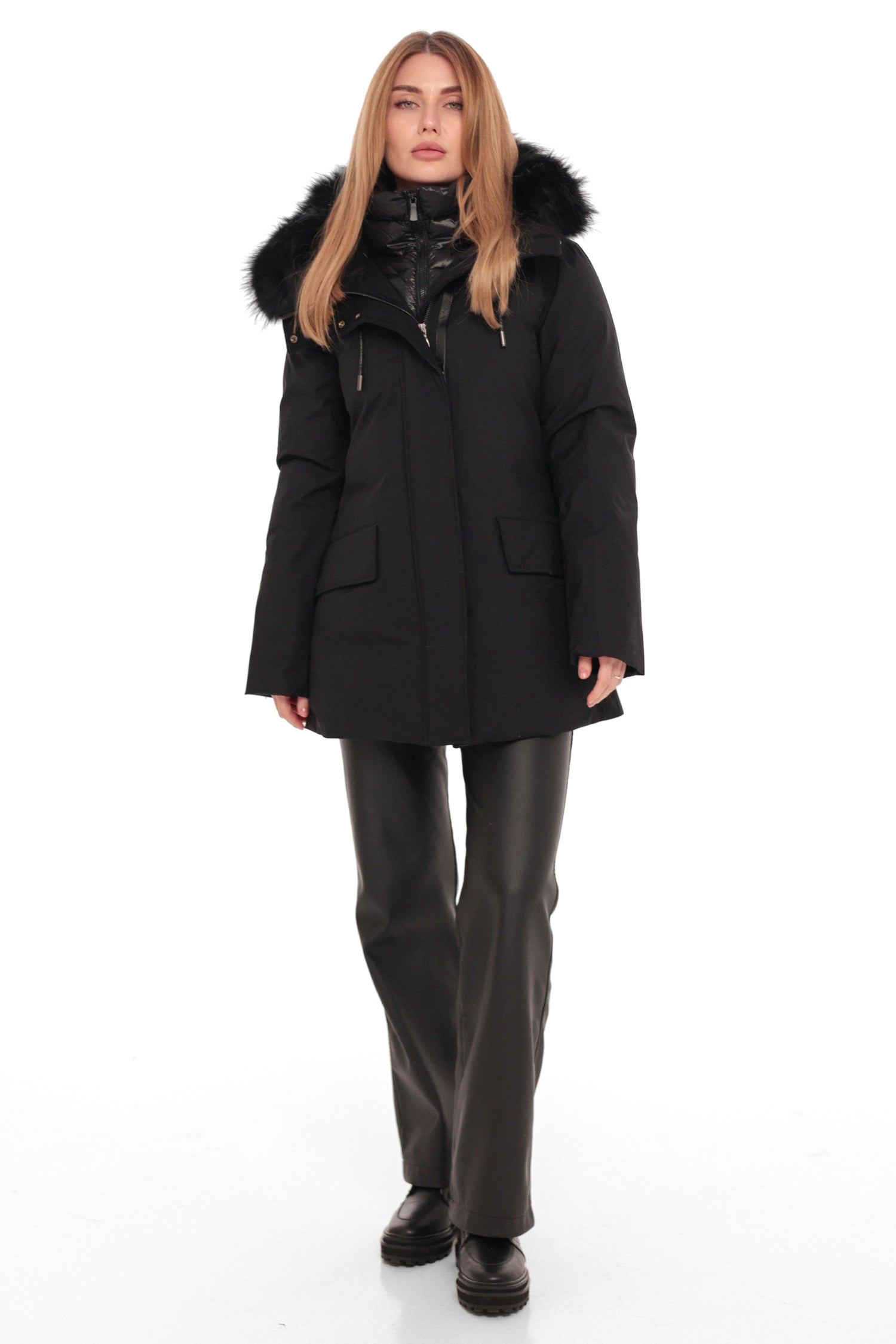 Pre-Order. Ships November 3. Onyx Genuine Fox Fur Vest-Lined Wool Blend Parka