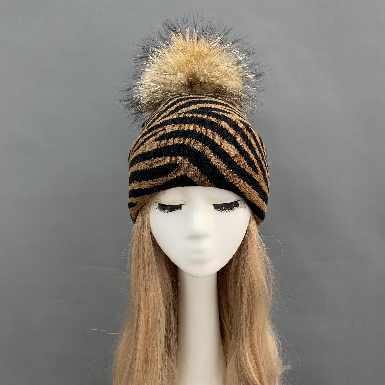 Genuine Fur Pom Animal Print Hat