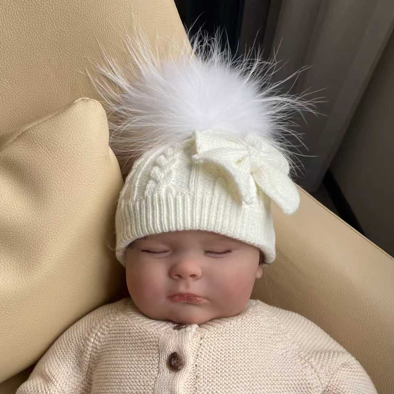 Baby Angora Blend Knit Hat (0–12M) with Genuine Fur Pom