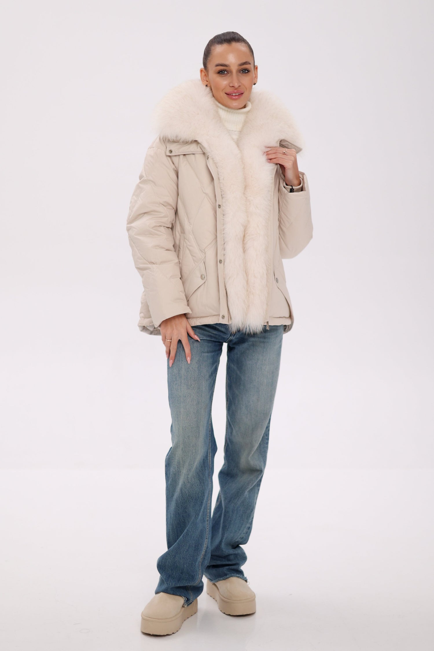 Pre-Order. Re-Stock Ships November 10. Genuine Polar Fox Fur Down Insulated Parka in Ivory
