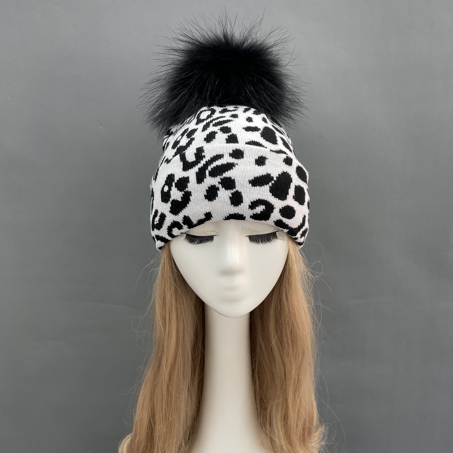 Genuine Fur Pom Animal Print Hat