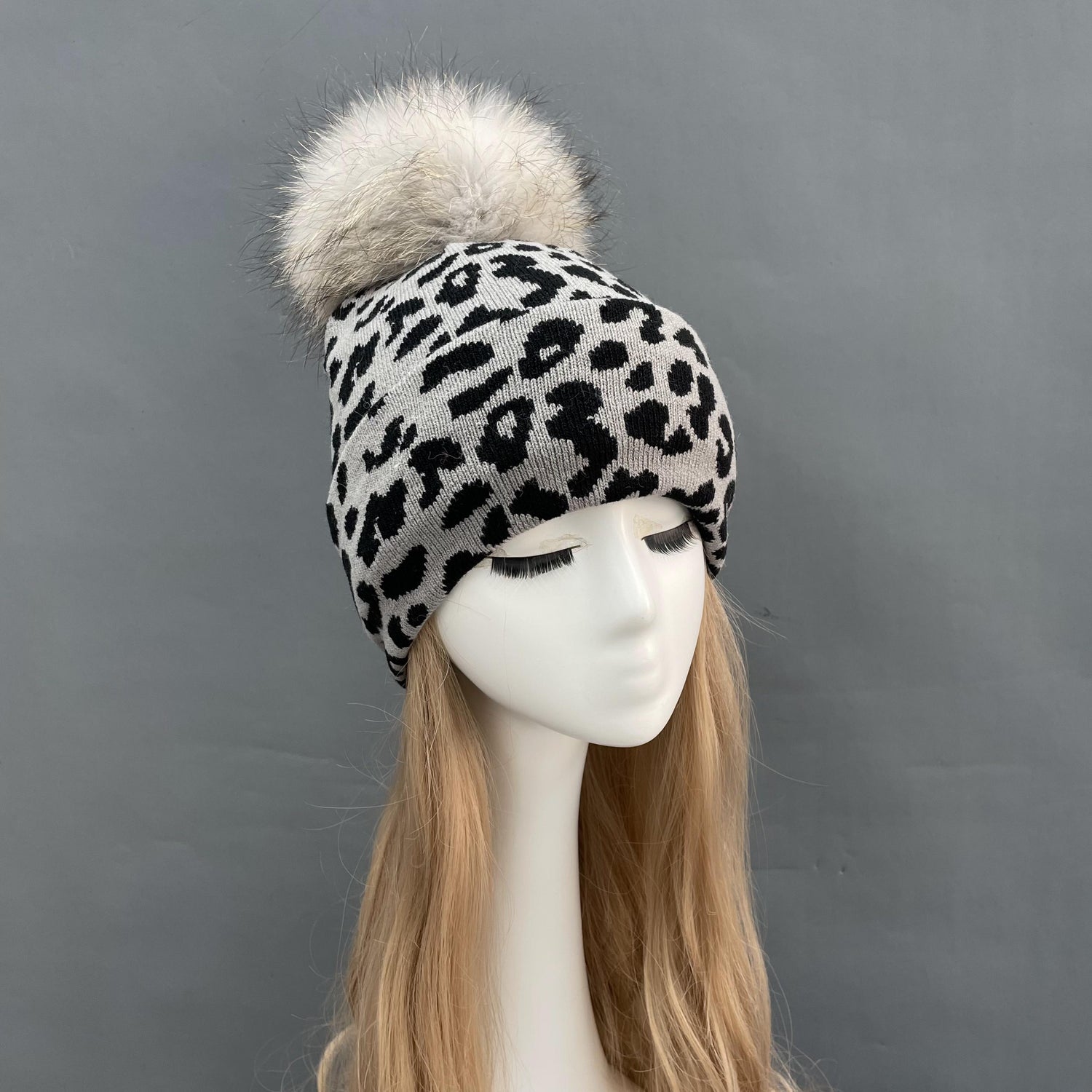 Genuine Fur Pom Animal Print Hat