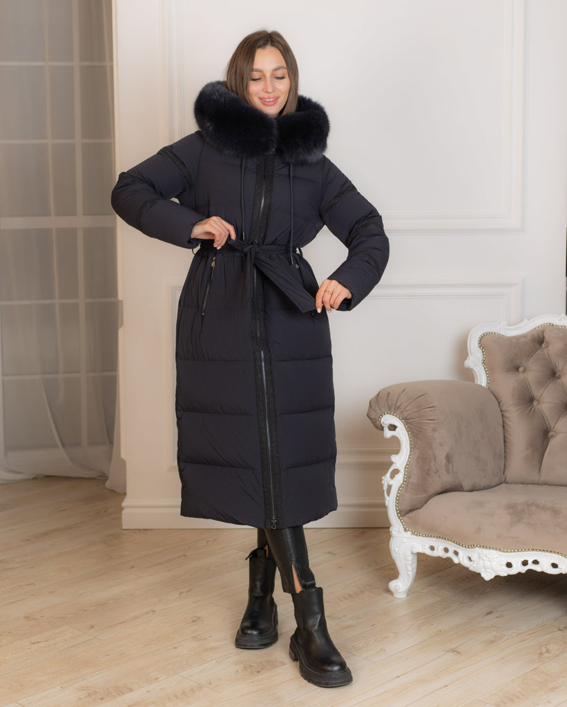 Genuine Polar Fox Fur Down Fill Wool Trim Coat