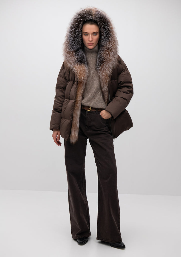 Yves Genuine Silver Fox Fur Down Fill Coat