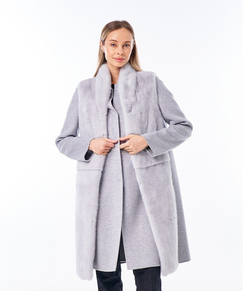 Genuine Mink Fur Virgin Wool Coat Plus Vest
