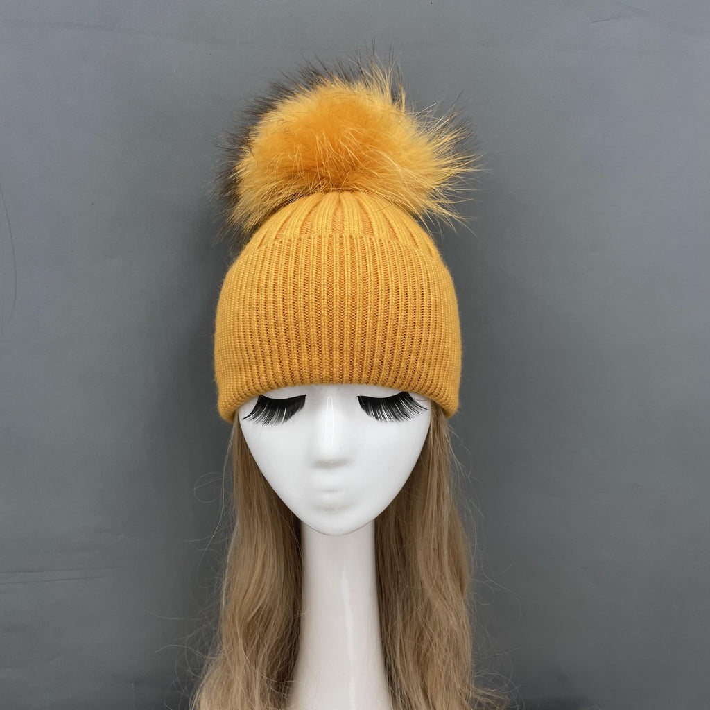 Genuine Fur Pom Solid Color Hat