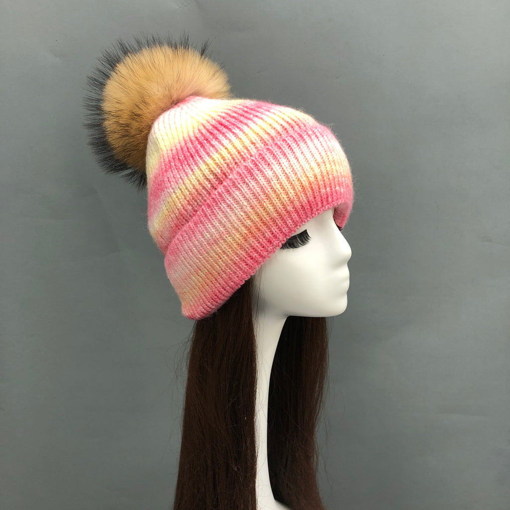 Ombré Wool Blend Hats with Real Fur Pom