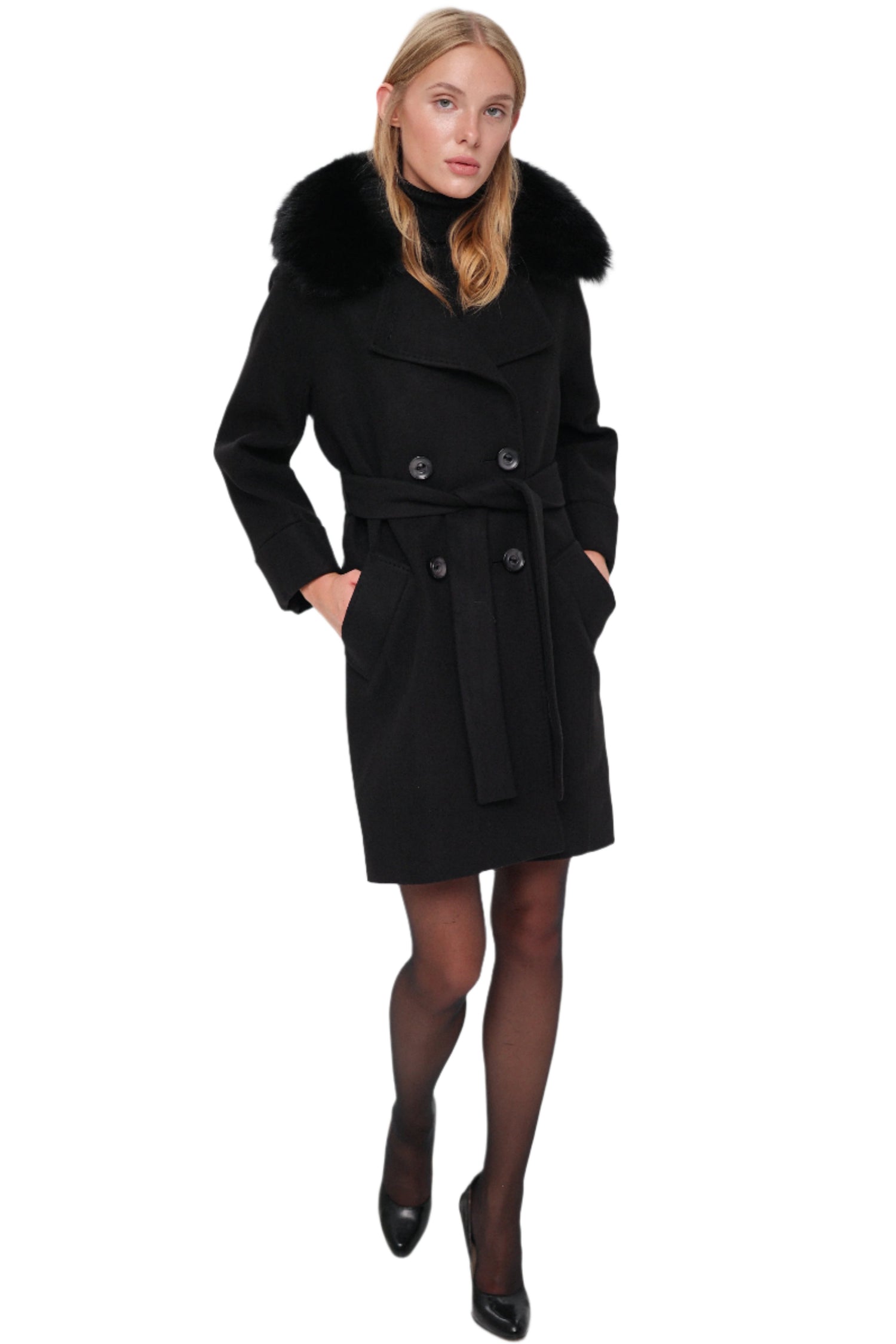 Marcel Genuine Polar Fox Cashmere-Wool Coat in Black