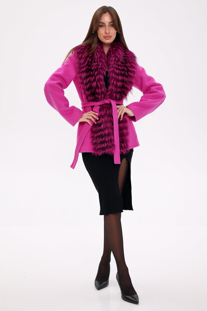 Genuine Silver Fox Fur Virgin Wool Coat