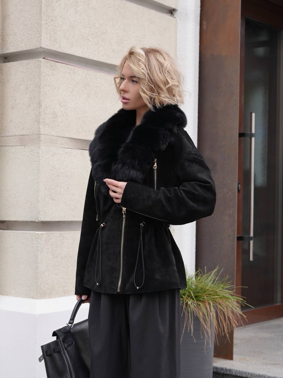 Vivienne Genuine Suede Polar Fox Trim Coat in Black