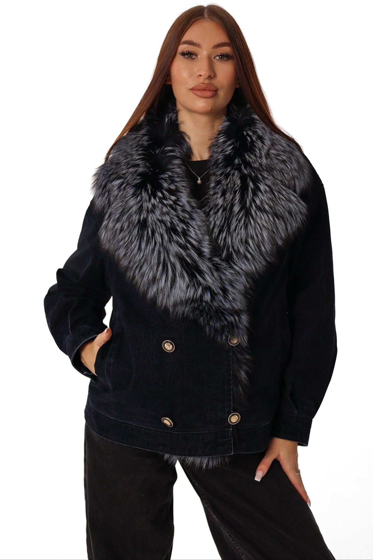 Lowe Genuine Fur Down Parka in Navy Velour
