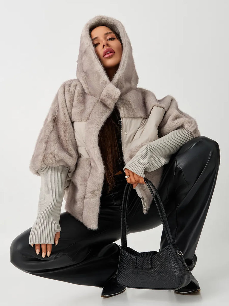 Serena Eco-Fur Down Fill Coat in Natural Grey
