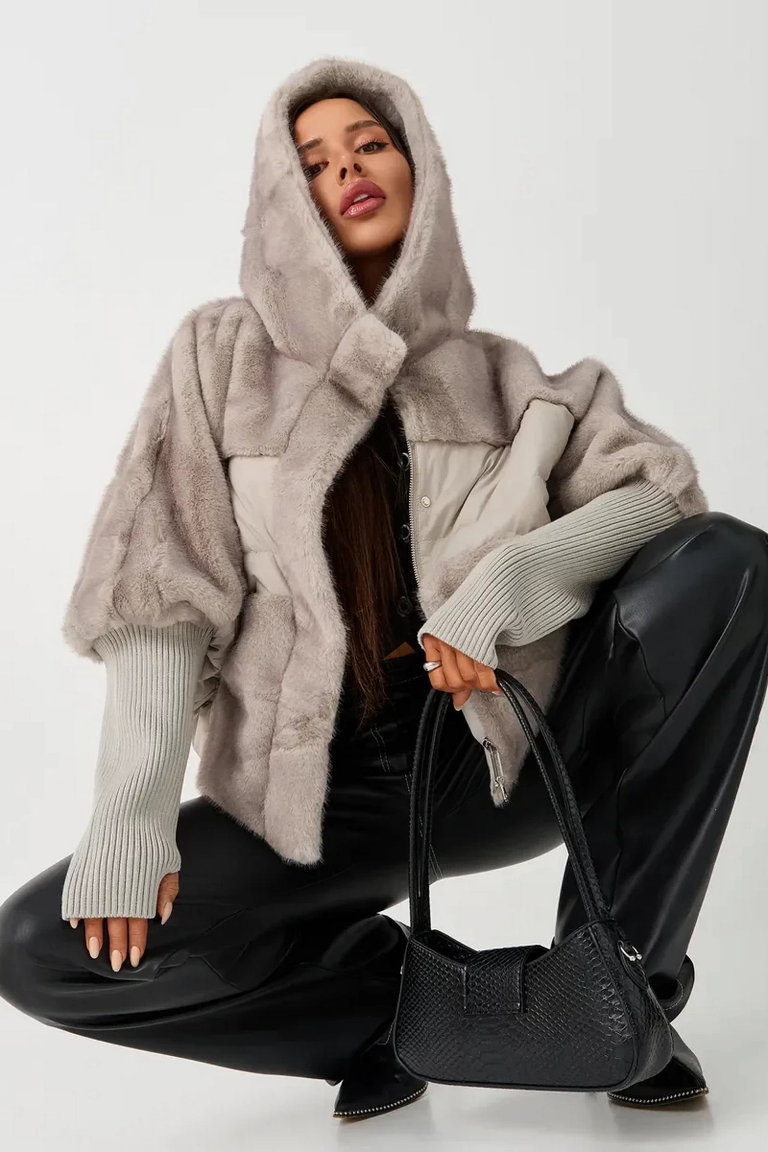 Serena Eco-Fur Down Fill Coat in Natural Grey