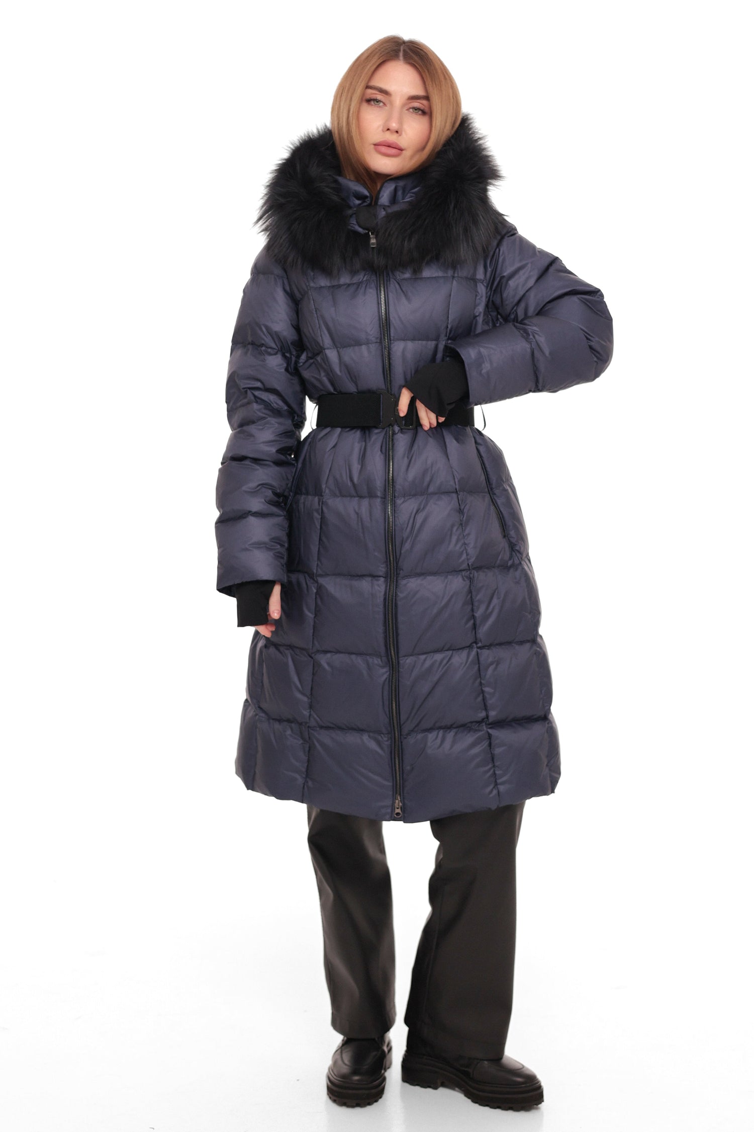 Pre-Order. Ships November 5. Astrid Genuine Fur Trim Down Fill Coat in Navy