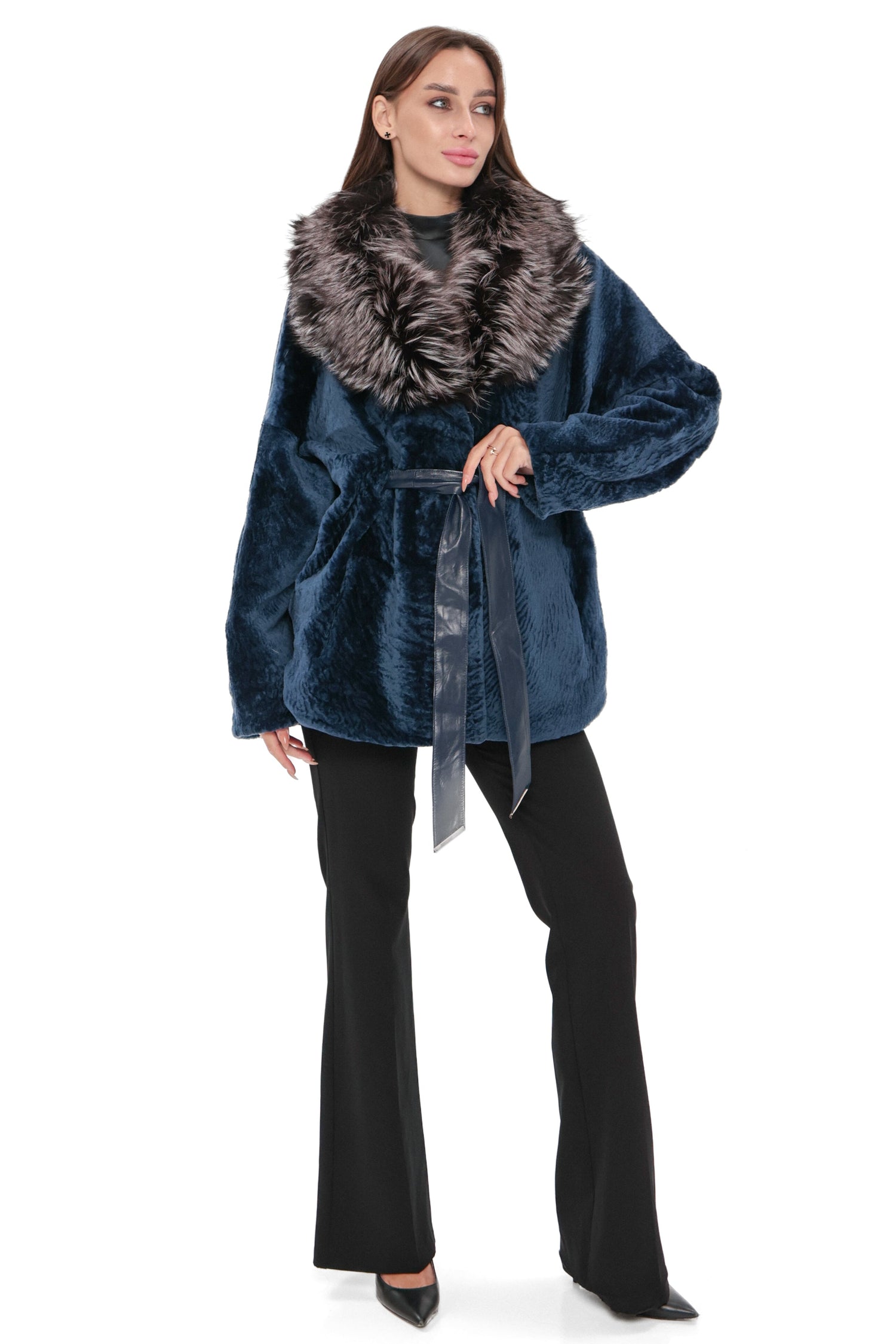 Calabria Genuine Astrakhan Silver Fox Trim Coat