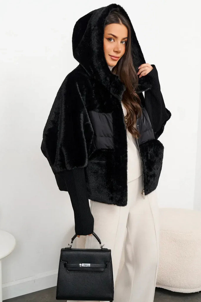 Serena Eco-Fur Down Fill Coat in Black