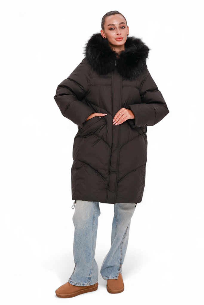 Nellie Genuine Fur Trim Down Fill Coat in Black