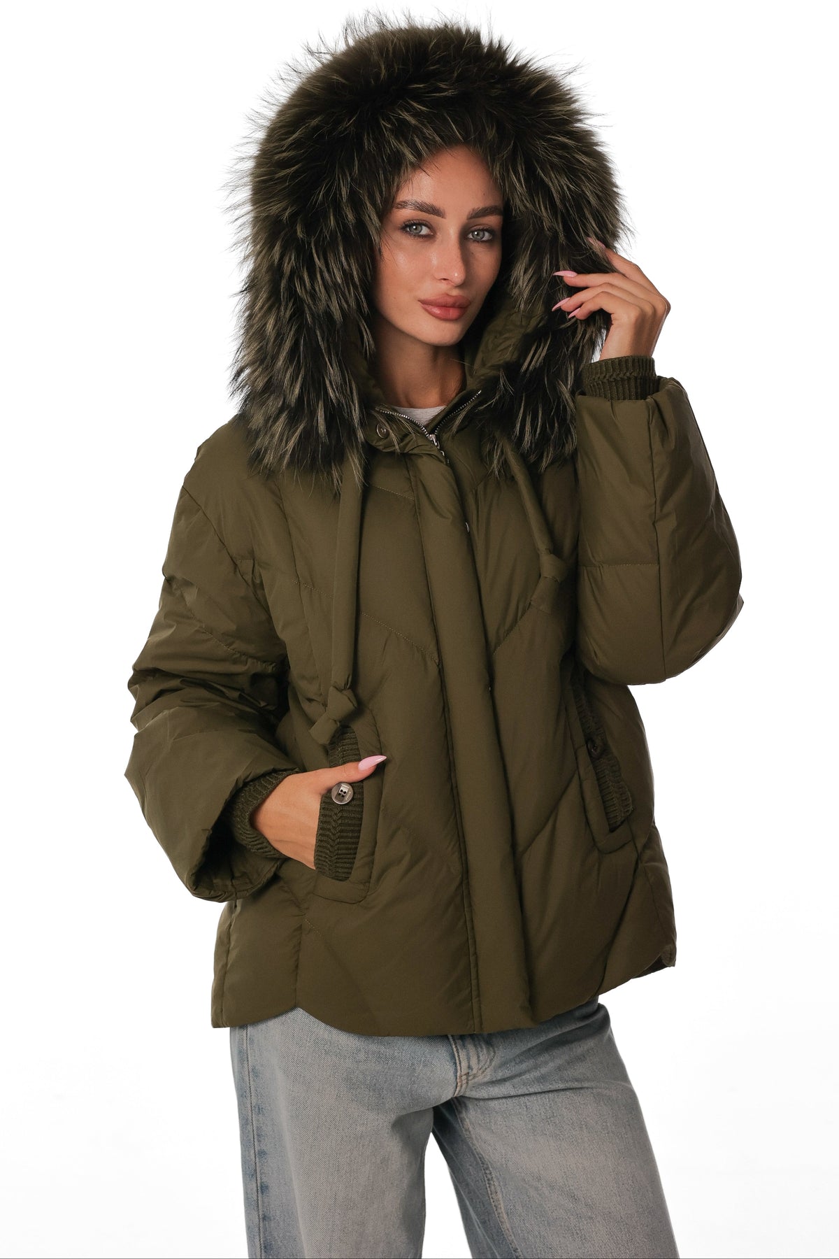 Hayden Genuine Fur Trim Down Coat in Pine