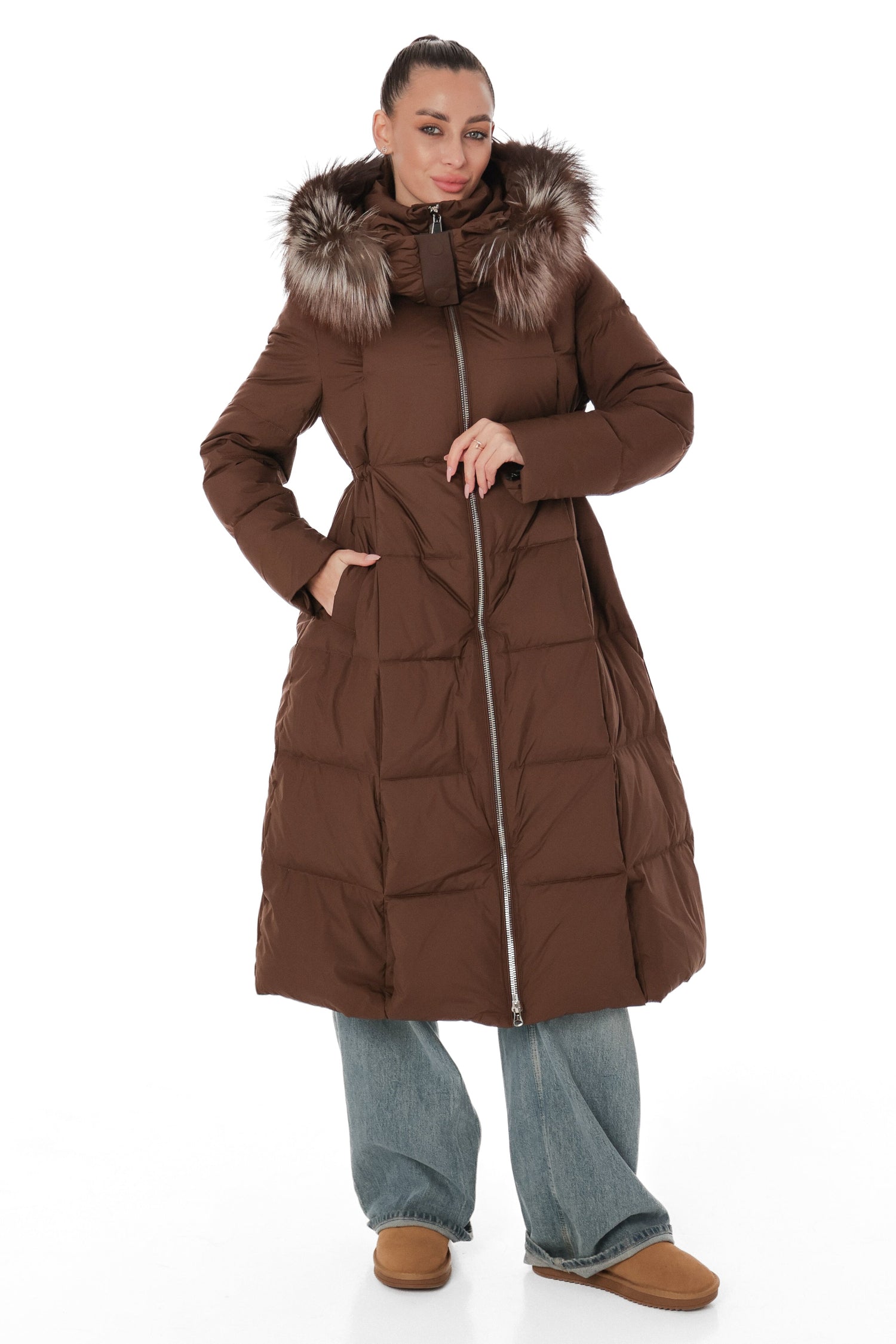 Genuine Silver Fox Fur Trim Down Coat