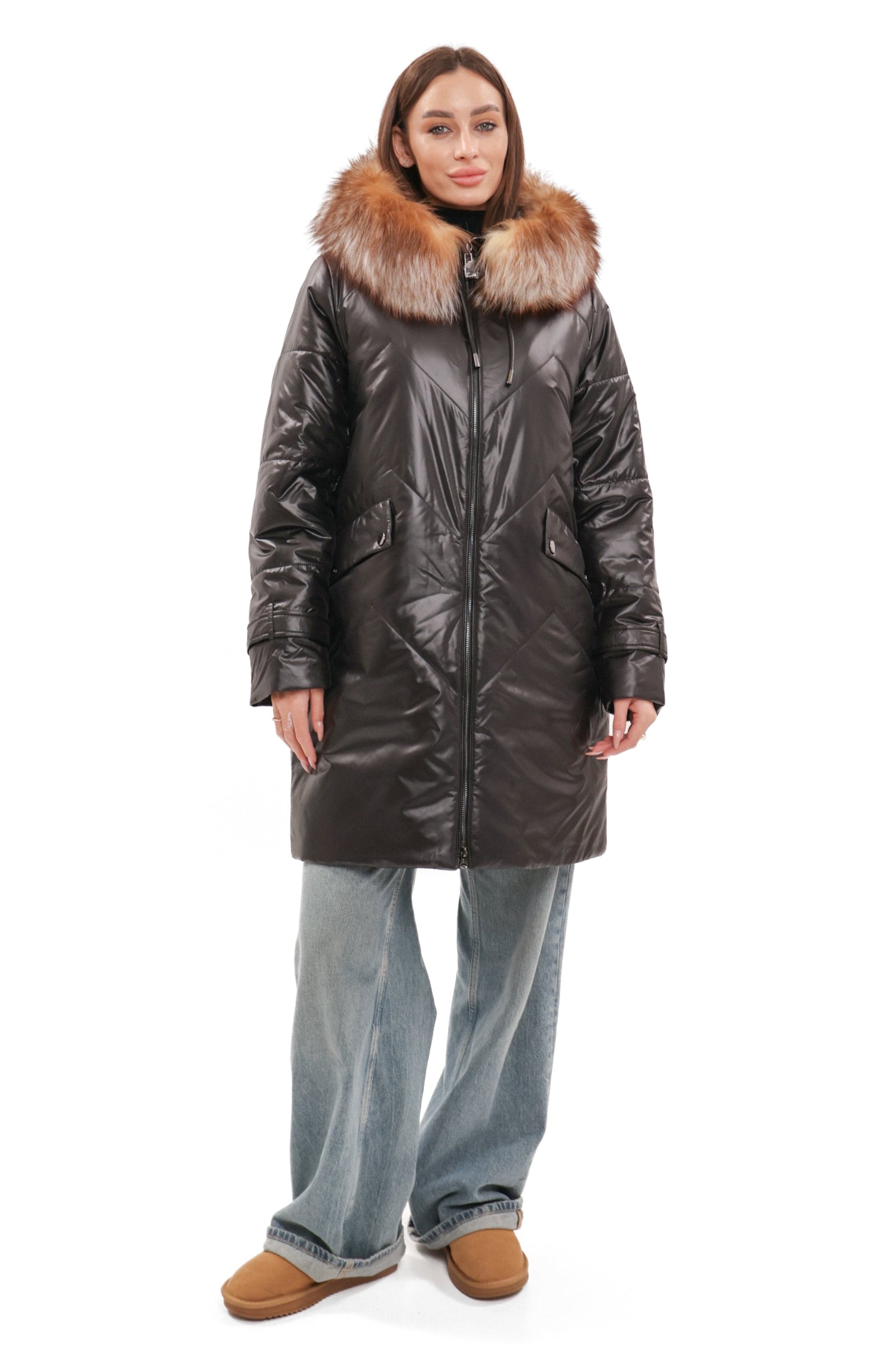 Genuine Fox Fur Trim Mid Length Coat