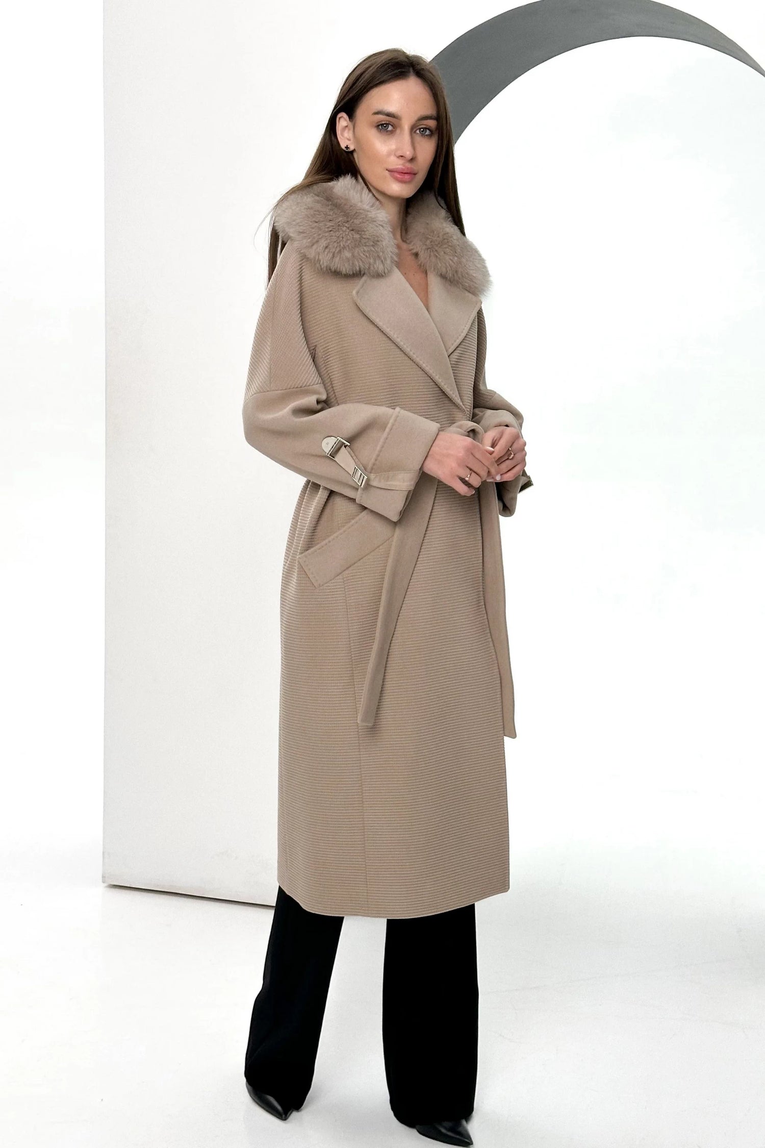 Derby Genuine Polar Fox Textured Cashmere Wool Coat