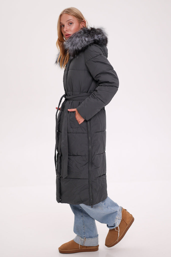 Genuine Silver Fox Belted Winter Insulated Coat