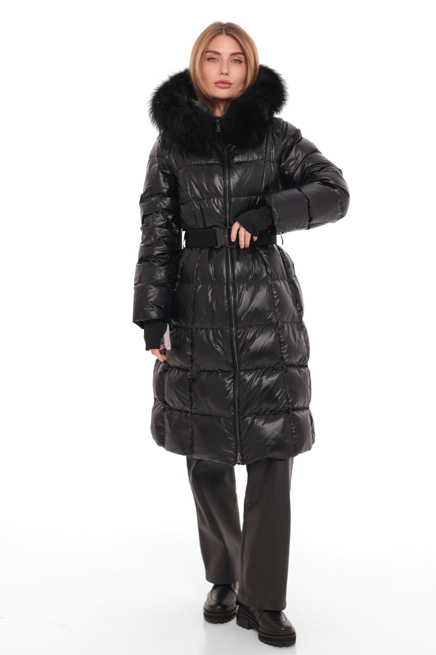 Pre-Order. Ships November 5. Astrid Genuine Fur Trim Down Fill Coat in Black