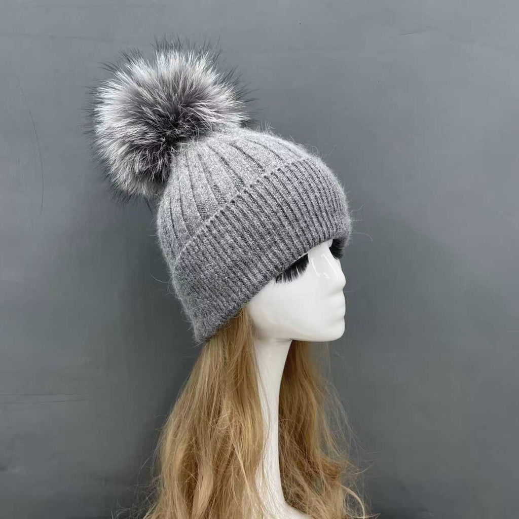Genuine Fur Pom Solid Color Hat