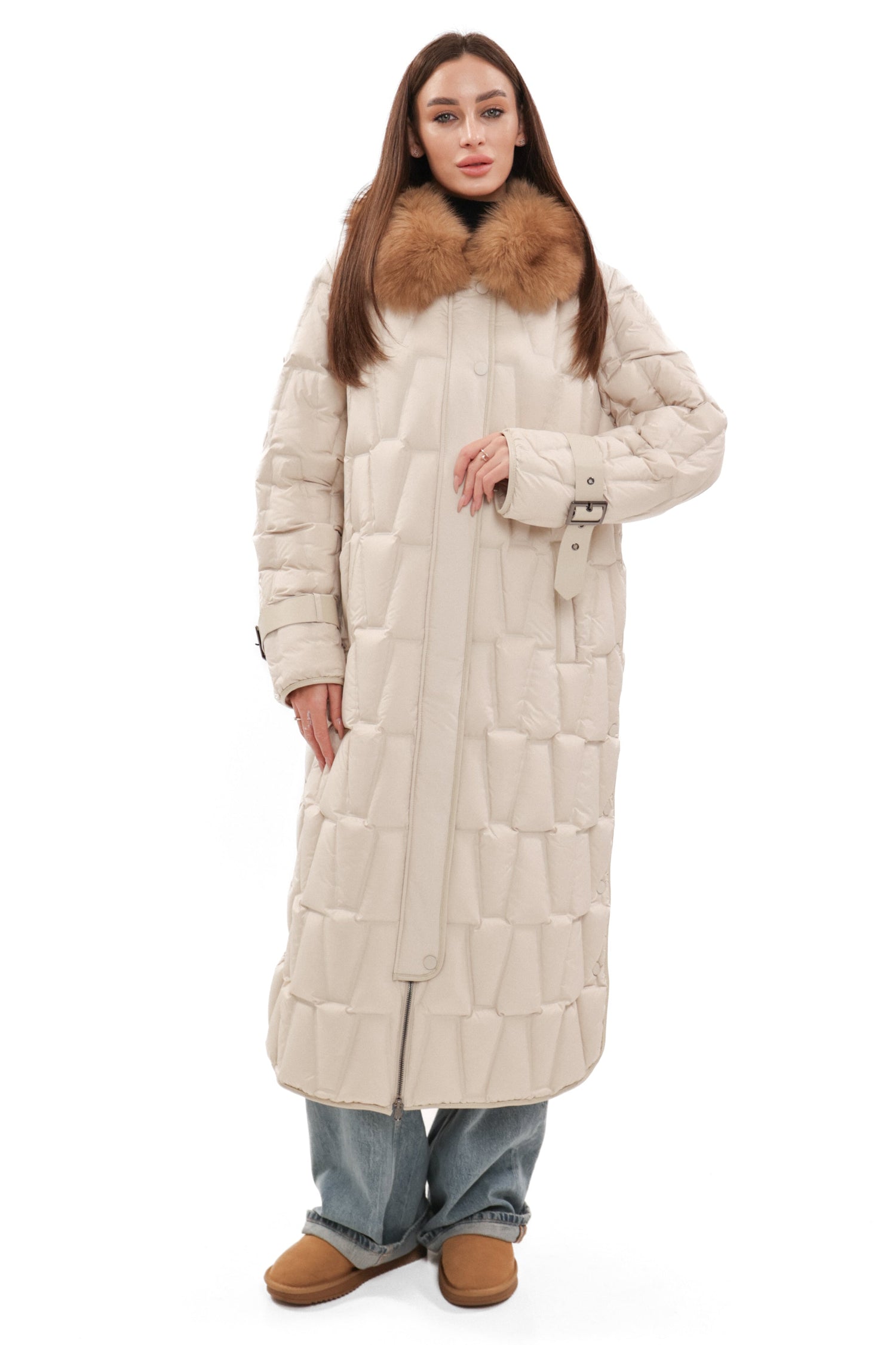 Riley Genuine Fur Trim Down Fill Coat in Ivory