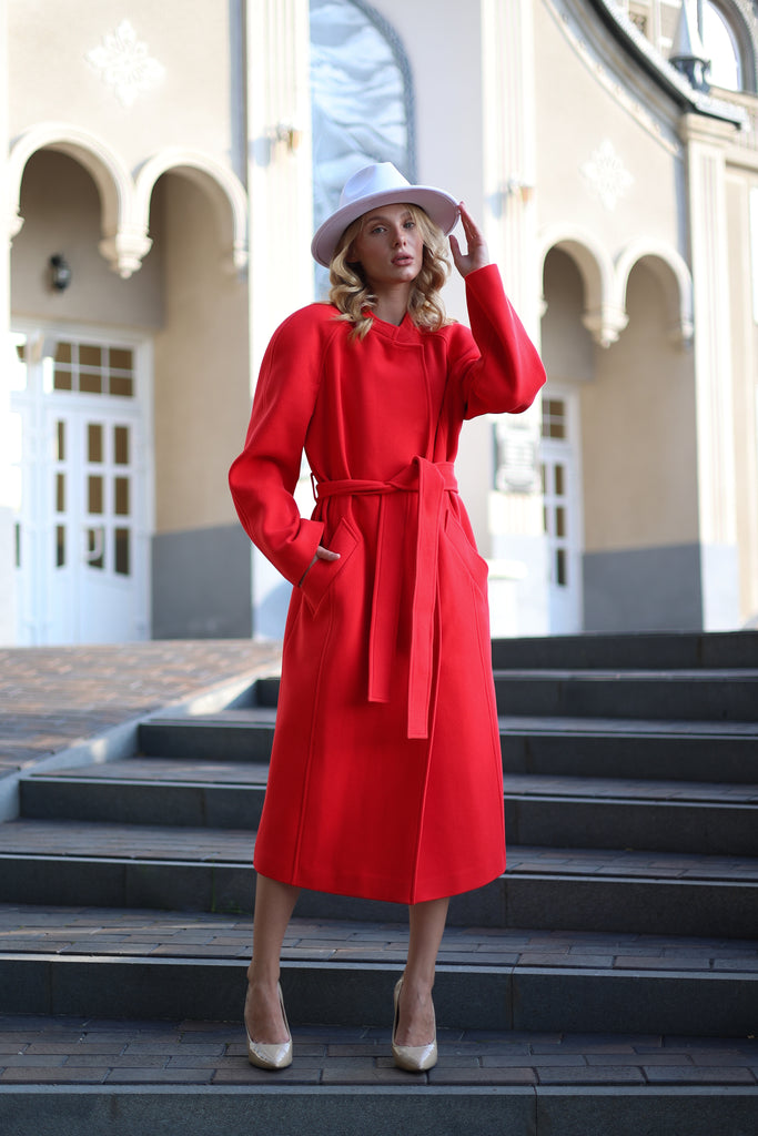 Band Collar Wool Blend Coat in Red