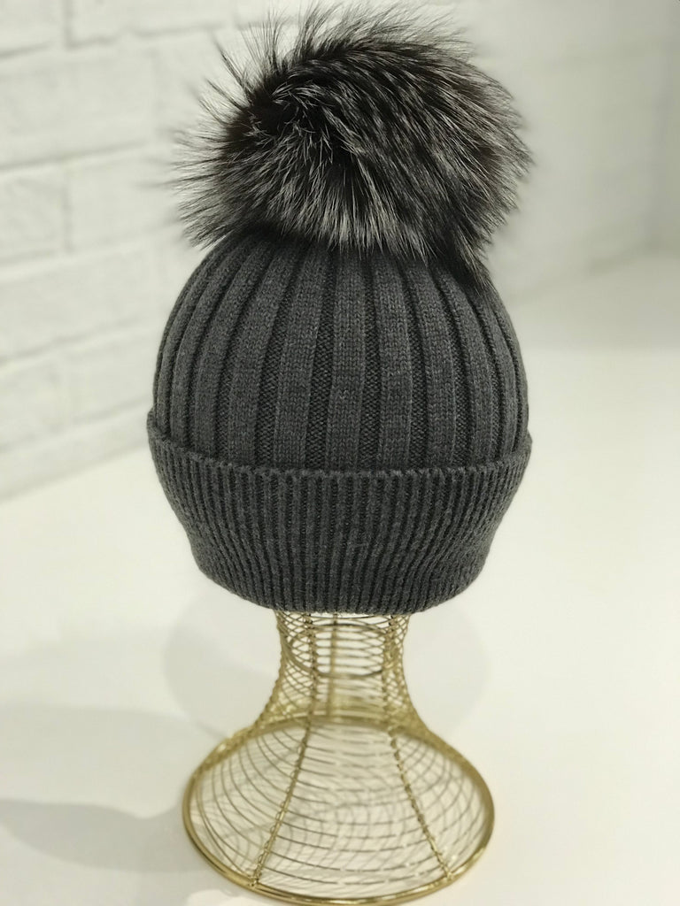 Genuine Fur Pom Solid Color Hat