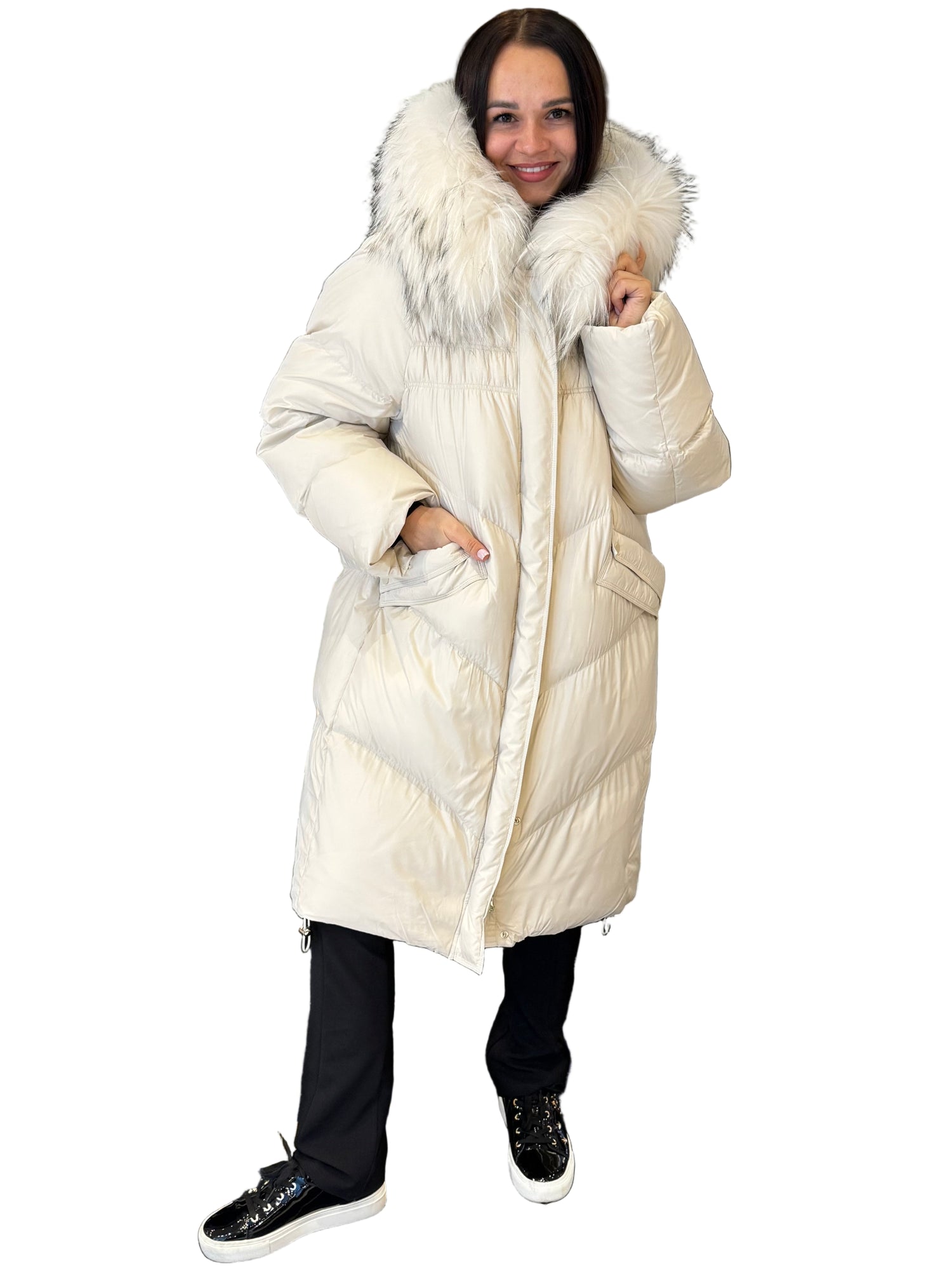 Nellie Genuine Fur Trim Down Fill Coat in Ivory
