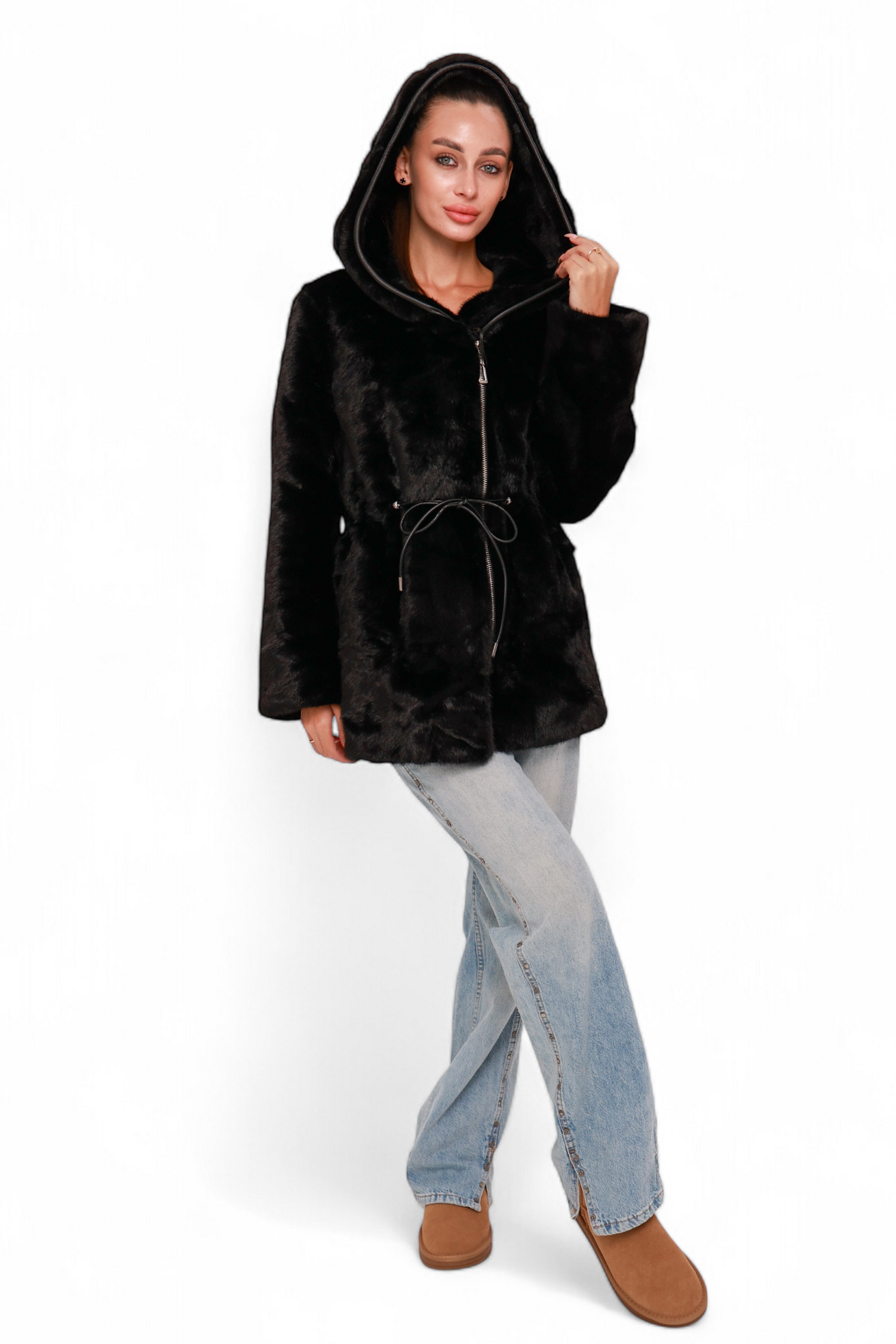 Mink-Effect Hooded Down Fill Coat