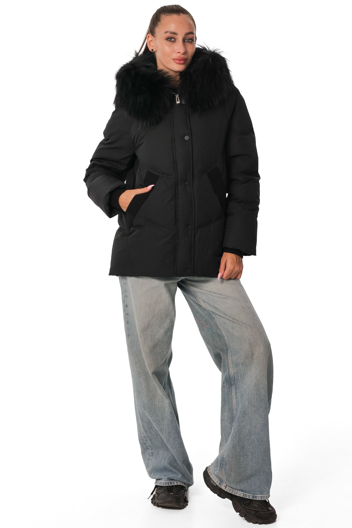 Cameron Genuine Fur Trim Down Coat in Black