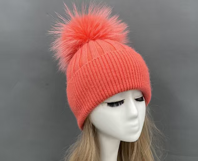 Genuine Fur Pom Solid Color Hat
