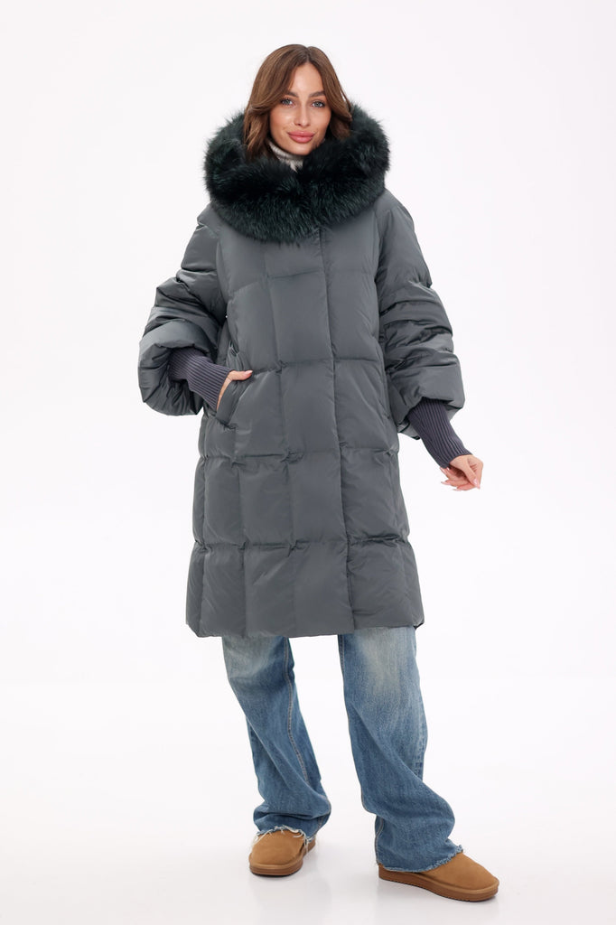 Genuine Polar Fox Fur Trim Down Coat in Forest Slate