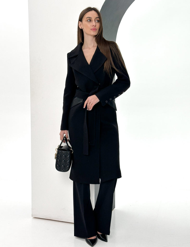 Kendra Cashmere Wool Leather Trim Overcoat