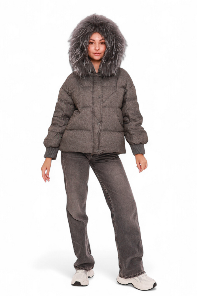 Remi Genuine Fur Trim Down Fill Jacket in Dark Grey