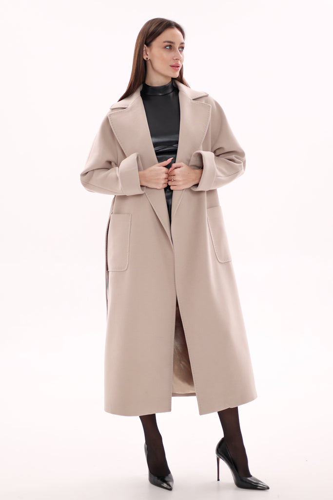 Leroi Wraparound Wool Cashmere Coat in Nude