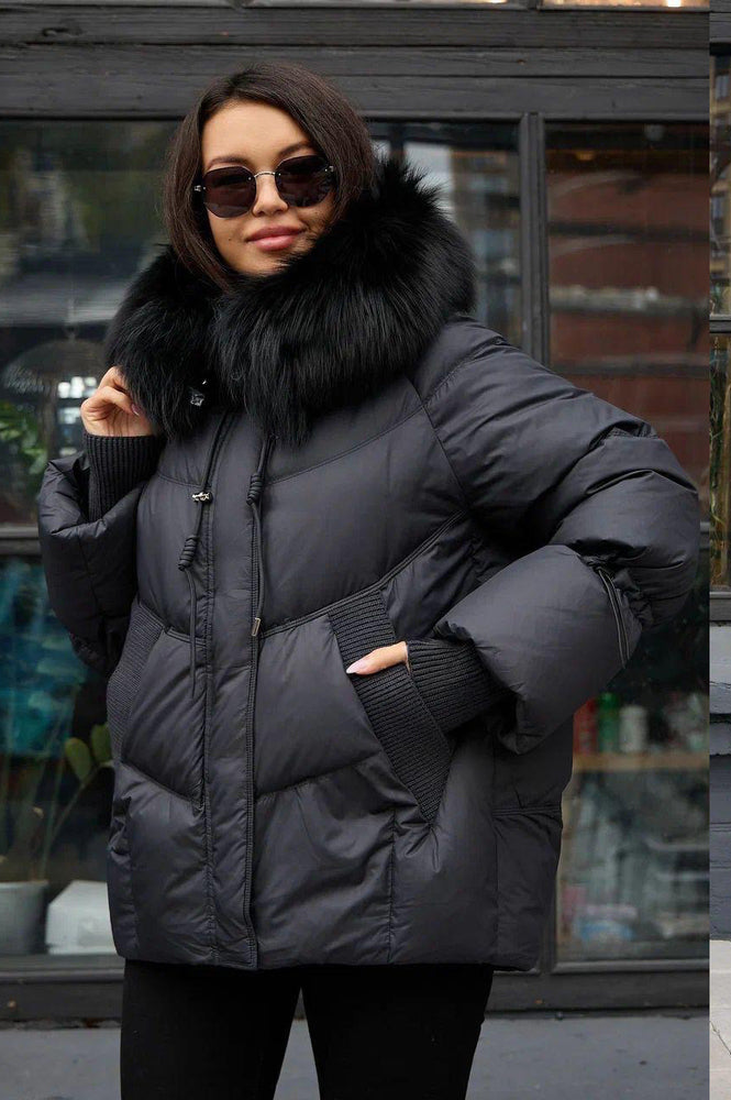 Brit Genuine Fur Trim Down Fill Coat in Black