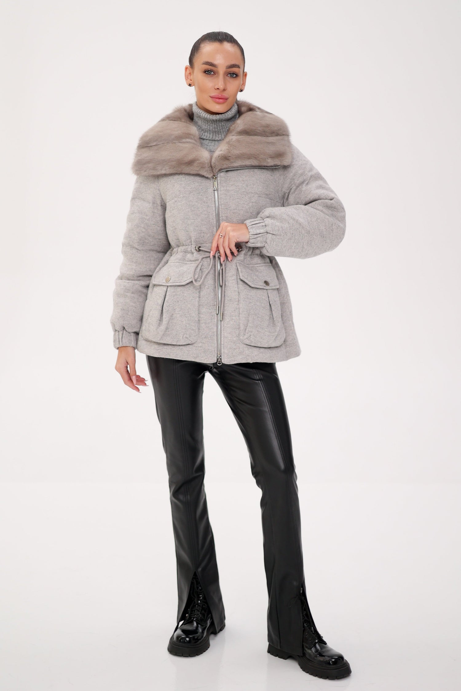 Genuine Mink Trim Wool Blend Down Coat