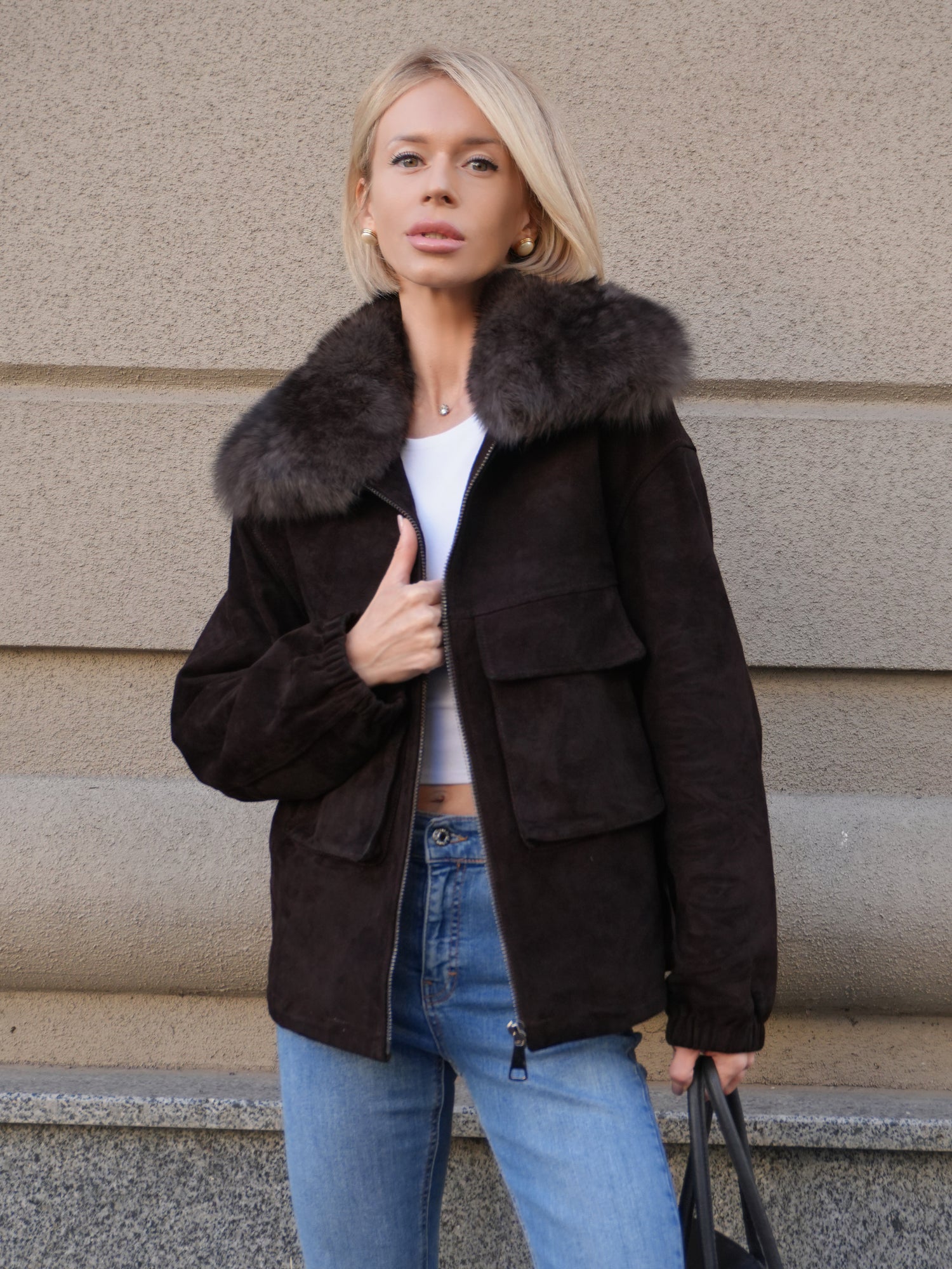 Nebraska Genuine Suede Polar Fox Trim Jacket in Cognac