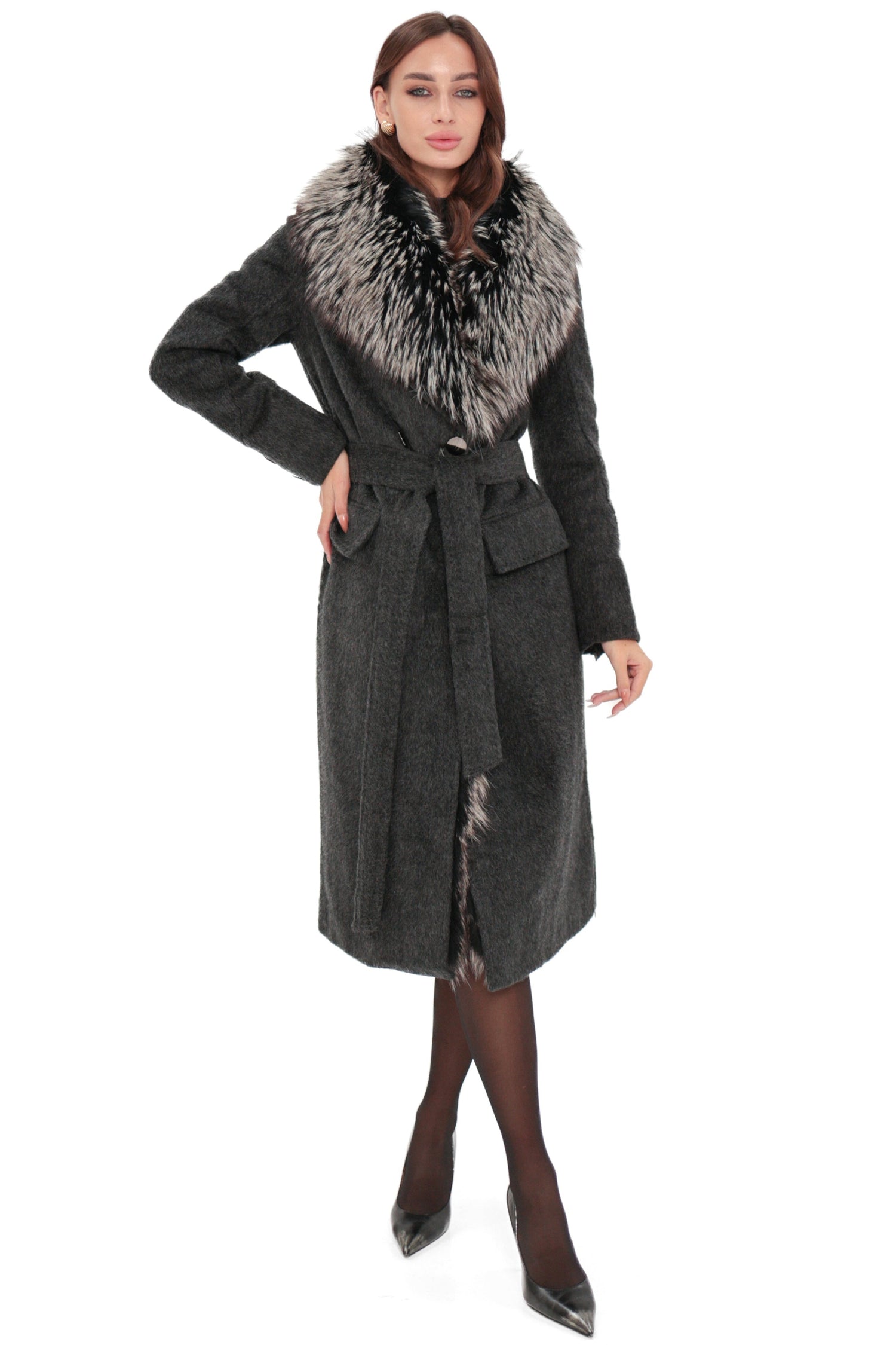 Pre-Order. Ships October 30. Genuine Silver Fox Cashmere Bland Coat