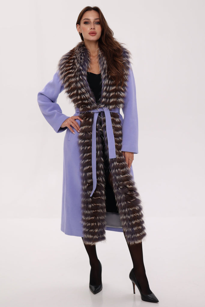 Genuine Silver Fox Virgin Wool Wrap Coat in Lavender