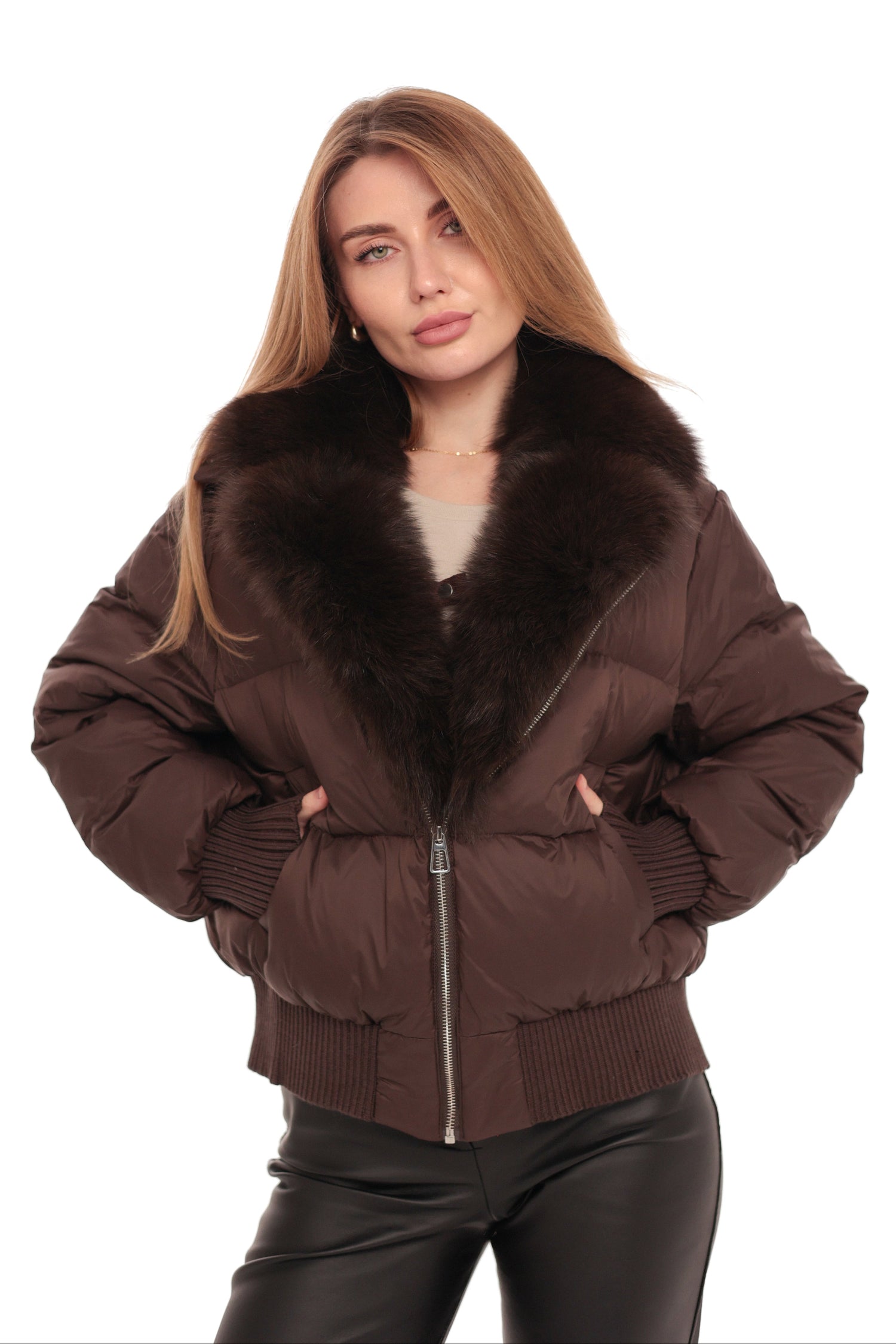 Genuine Polar Fox Down Fill Jacket in Chocolate